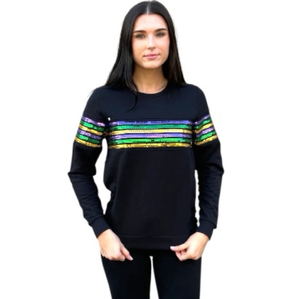 Mardi Gras Black Sequin Stripe French Terry Women's Top, Size: XS